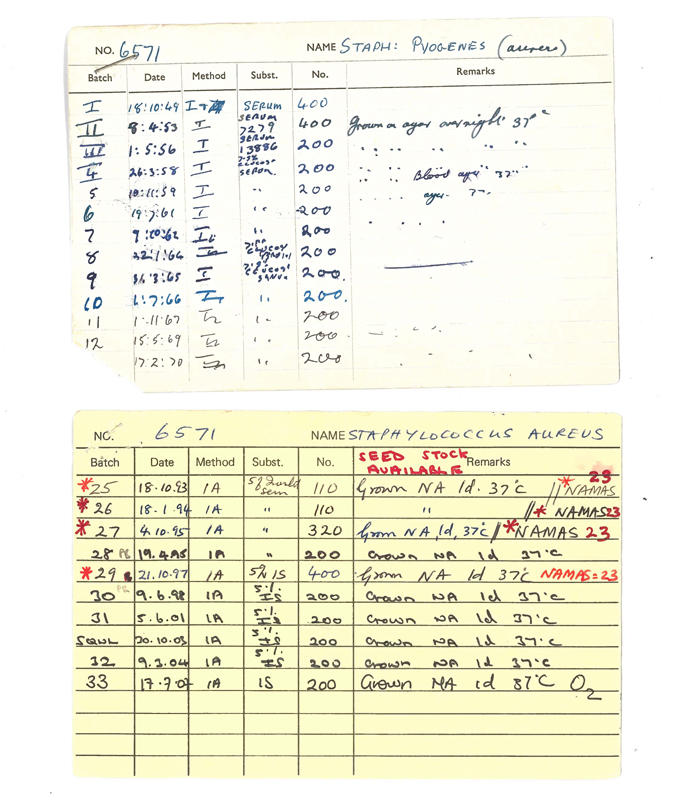 National Collection of Type Cultures strain provenance and characteristics card for NCTC 4842, dated April 1960. 