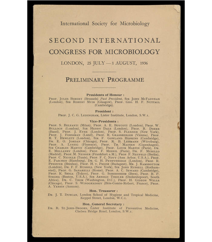 Preliminary Programme from the Second International Congress of Microbiology which took place in London from 25 July – 1 August 1936.