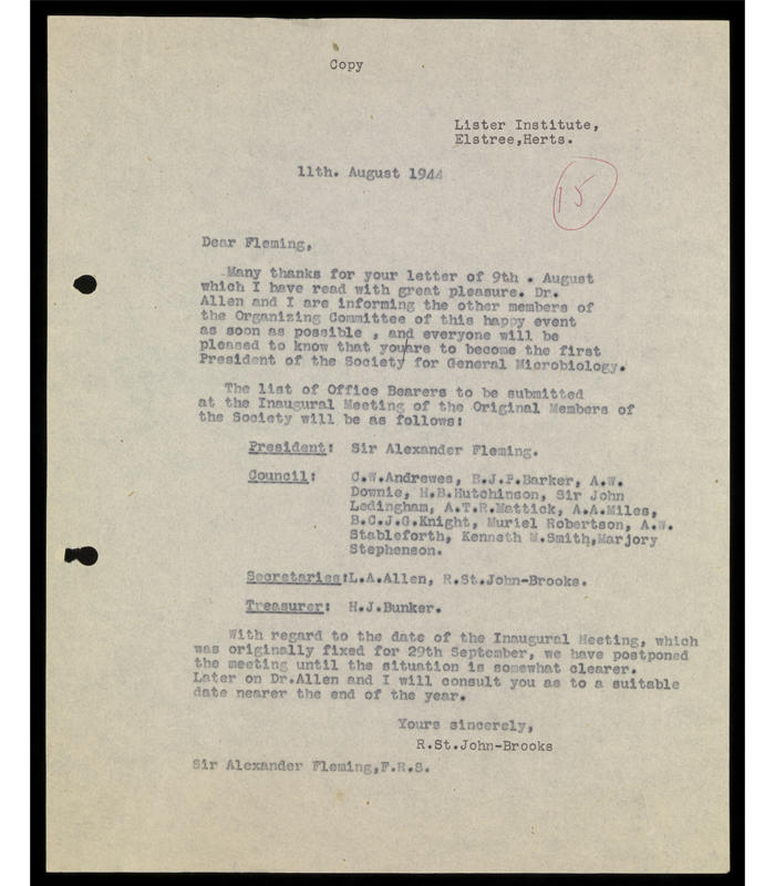 Response from Dr. R. St. John. Brooks to Sir Alexander Fleming regarding the list of office bearers to be submitted at the Inaugural Meeting of the Society for General Microbiology, on 11 August 1944.