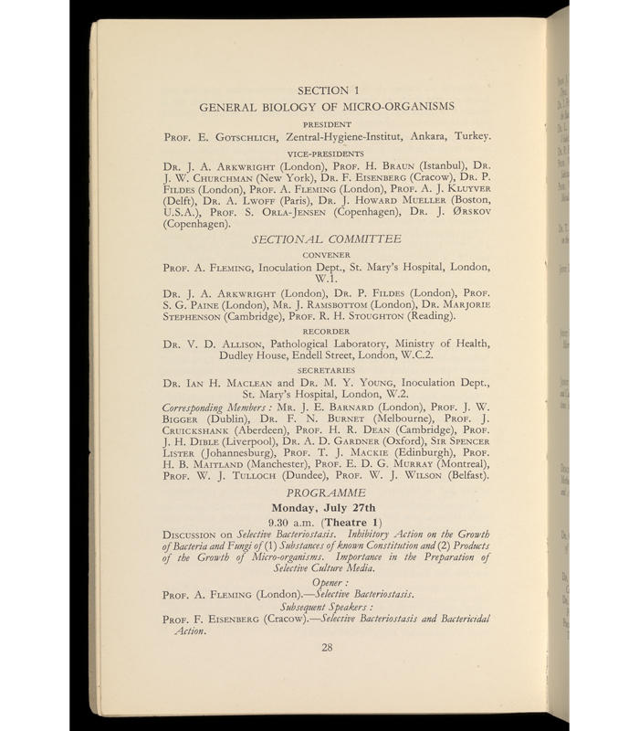 Sir Alexander Fleming’s opening talk on Selective bacteriostasis, as highlighted in the Final Congress Programme, 1936.