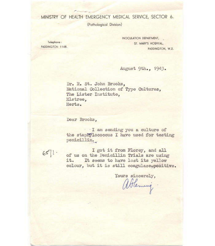 Letter regarding the deposit of NCTC 6571 Staphylococcus aureus (also known as the Oxford Staphylococcus), dated 9 August 1943.