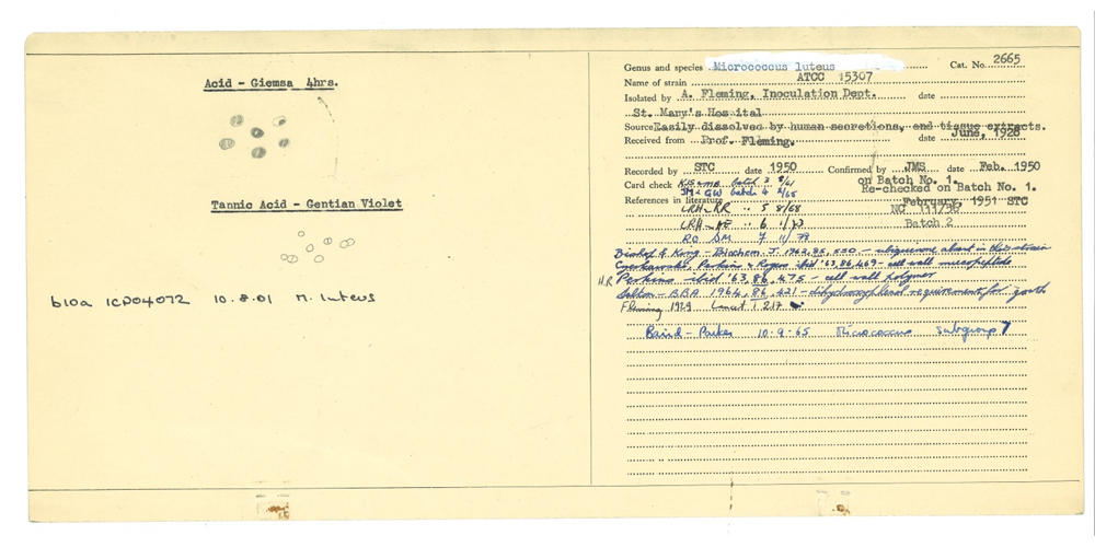 National Collection of Type Cultures strain provenance and characteristics card for NCTC 2665, dated February 1950.