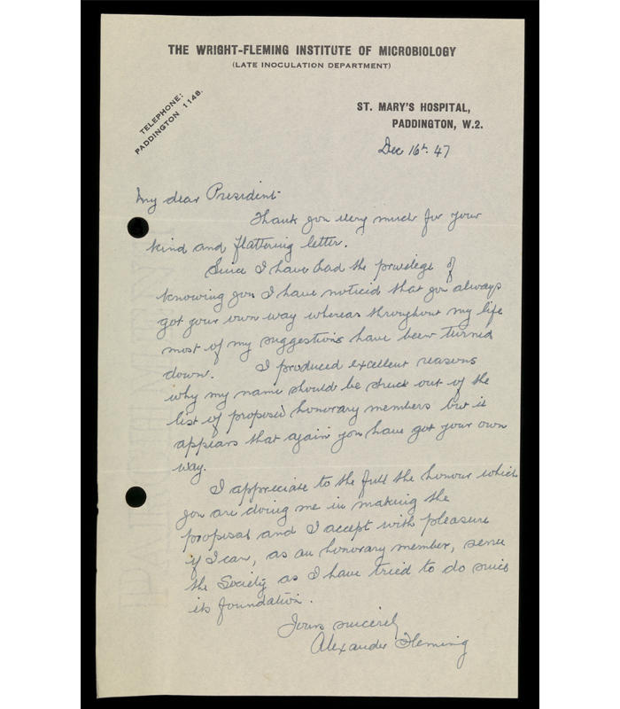 Handwritten letter from Sir Alexander Fleming, dated 16 December 1947, accepting the offer made by Dr. St. R. John. Brooks to become the first President of the Society for General Microbiology.